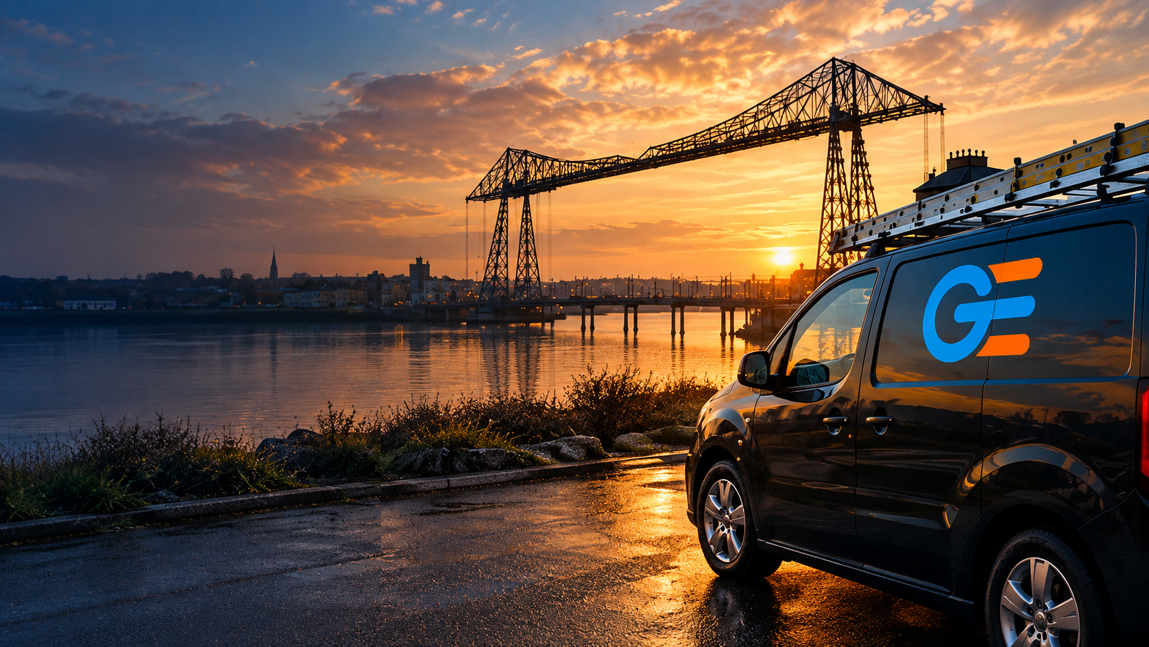 Grainger Electrics van parked by the Tees Transporter Bridge at sunset